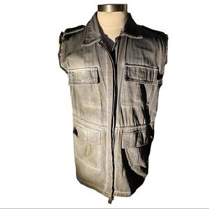 Pol Charcoal Grey Wash Denim Sleeveless Button Front Square Pockets Vest Women L